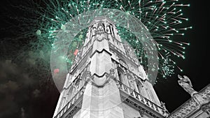 Celebratory fireworks over the Great gothic church of Saint Germain l´Auxerrois, Paris, France