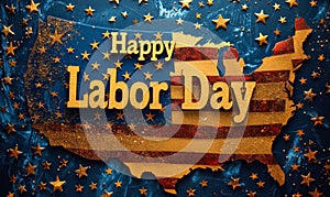 Celebratory Happy Labor Day message with sparkling golden fireworks and stars overlaying the United States flag, honoring