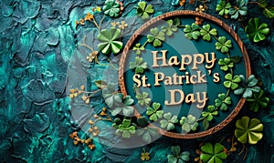 Celebratory Happy St Patricks Day greeting in elegant script on a textured green wooden background, festooned with shamrocks