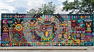 Celebratory mural of indigenous cultures and histories, set against an urban backdrop. Indigenous Peoples Day, August 9 photo