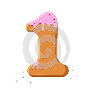 Celebratory number one. Baking with pink glaze. Vector illustration