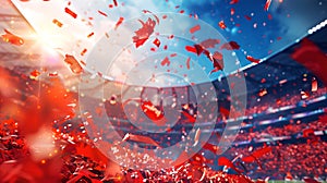 Celebratory Red Confetti Explosion at Stadium during a Major Sports Event, Capturing the Excitement and Festivity in