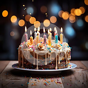 Celebratory scene birthday cake with candles on wooden table, lights