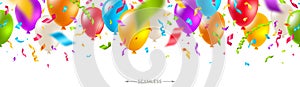 Celebratory seamless banner - multicolored balloons and  confetti. Vector festive illustration.