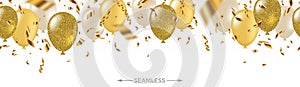 Celebratory seamless banner - white, yellow, glitter gold balloons and golden foil confetti.