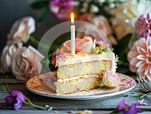 Celebratory Slice of Birthday Cake With a Lit Candle Surrounded by Fresh Flowers