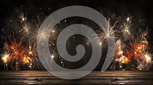Celebratory Spectacle New Year\'s Eve, New Year Background Panorama - Firework Fireworks on Rustic Brown Wooden Wood Texture.