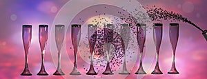 Celebratory toast with champagne glasses. New Year`s Eve background.