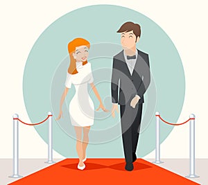 Celebrities couple walking on a red carpet. Vector illustration