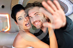 Celebrity couple trying to avoid photographing photo