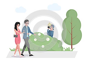 Celebrity couple walking in park, paparazzi hiding in bush with photo camera vector flat illustration.