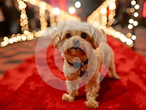 Celebrity pets attending a glamorous star-studded, Cute Dog on Festive Red Carpet Event, A charming small dog standing on a red