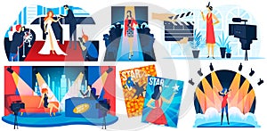 Celebrity star people on red carpet ector illustration set, cartoon flat celebrity superstar, fashion model posing for