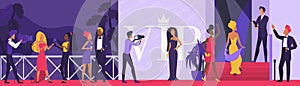 Celebrity vip party vector illustration, cartoon flat superstar woman man character walking on red carpet, paparazzi