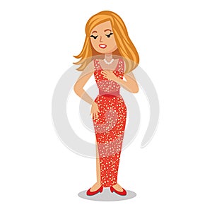 Celebrity woman on elegant red dress. Cute cartoon famous actress on red dress. Vector illustration Isolated On White Background.