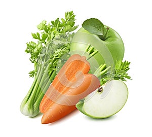 Celery, carrot and green apple isolated on white background