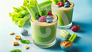 Celery and fresh berries accompany two glasses of nutritious green smoothie