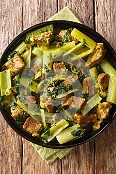 Celery stew Khoresh Karafs is healthy and delicious Iranian dish. It`s a combination of meat, evenly sliced celery  and herbs