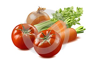 Celery, tomato, onion and carrot vegetables isolated on white ba