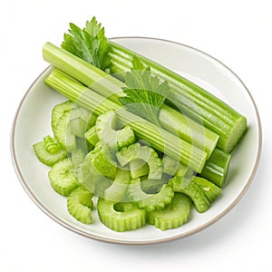 Celery vegetable dish isolated on white background