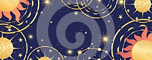 Celestial astrological background with constellations, stars, sun and moon. Mystical astrology, celestial space with