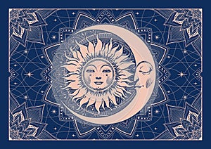 Celestial astrology banner, mandala with sun and moon, magical tarot tattoo, vector heavenly poster for print, card photo