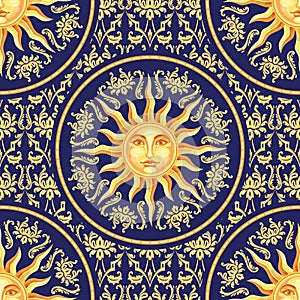 Celestial baroque seamless pattern with sun face