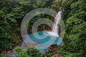 Celestial blue waterfall in volcan tenorio national park, top view