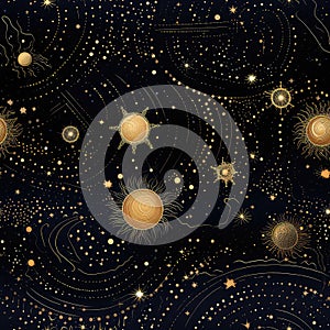 Celestial Bodies And Constellations Shimmer In An Embroidered Night Sky. Seamless Background