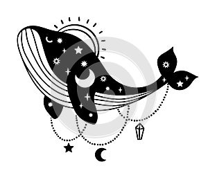 Celestial boho whale isolated clipart, space ocean animal, moon and stars decorative composition - black and white