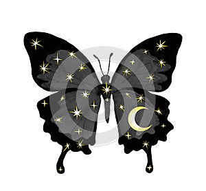 Celestial butterfly with stars and moon. Beautiful fantasy watercolor insect with night sky, space for esoteric tattoo