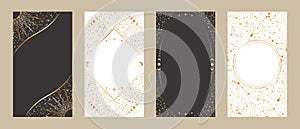 Celestial card templates for stories and web banners with a copy space. Festive vector backgrounds set. Four elegant golden frames