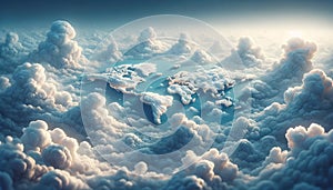Celestial Cartography: World Map Draped in Heavenly Clouds