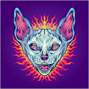 Celestial cat creature head with fiery background