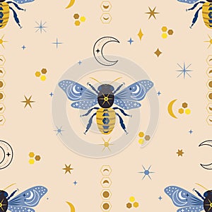 Celestial cosmic bee vector seamless pattern.