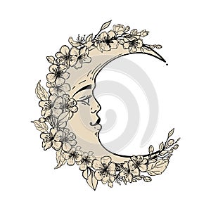 Celestial crescent moon with a face decorated with flowers, mystical logo, magical vector tattoo. Hand drawn symbol of