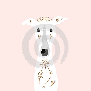 Celestial cute cosmic whippet lovely greyhound silhouette on background. Vector Illustration of cute boho dog, adorable