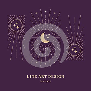 Celestial design card, Moon, Sun Rays Stars, Decorative Magic Background, Thin Line Art Vector Illustration