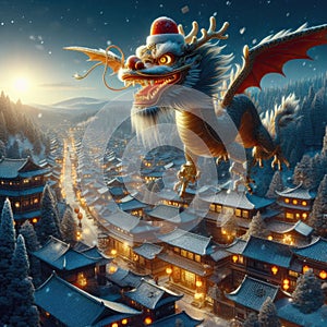 Celestial Dragon Dance: Winter Spectacle Over a Snowy Town