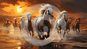 Celestial Equines - White Horses Galloping in Digital Airbrushed Desert