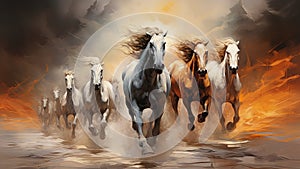 Celestial Equines - White Horses Galloping in Digital Airbrushed Desert