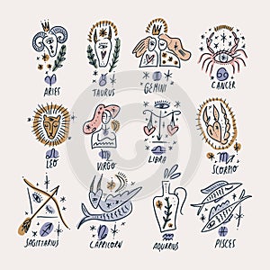 Celestial funky groovy Zodiac outline groovy cute characters constellation bundle. Sign Aries, Taurus, Gemini, Cancer