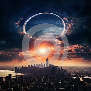 Celestial Gateway: Enchanting Wormhole Above Manhattan\'s Majestic Skylin