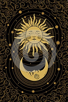 Celestial golden crescent moon pattern with face, sun and clouds on a black background. Boho design elements for tarot
