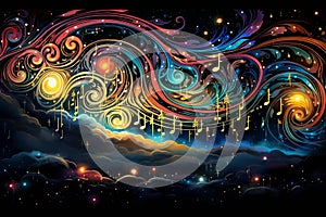 Celestial Harmony: Music Notes and Celestial Bodies Merge in a Vibrant Symphony