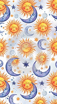 Celestial Harmony - Sun and Moon Watercolor Pattern