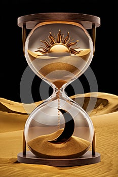 Celestial Hourglass with Sun and Moon in a Desert Sandscape photo