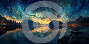 Celestial Lake Night Sky Reflection Artwork