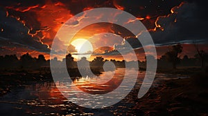 Celestial landscape with eclipse. Created with Generative AI