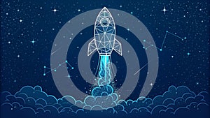 Celestial Launch Polygonal Rocket, Night Sky, Startup Concept